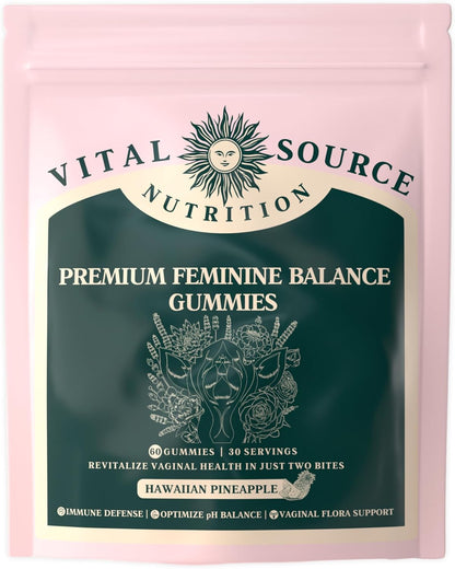 Vital Source Nutrition - Premium Feminine Balance Gummies - for Women’s Health & Wellness - Immune Support - Vegan, Gluten-Free - Hawaiian Pineapple - 60 Gummies - 30 Servings