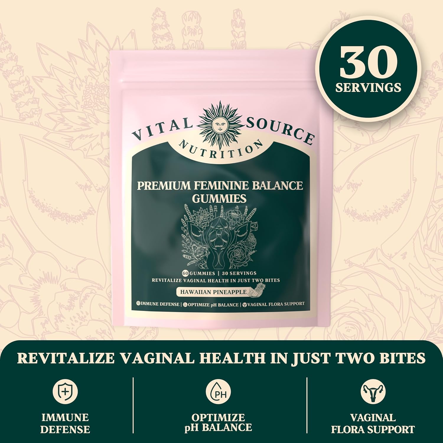 Vital Source Nutrition - Premium Feminine Balance Gummies - for Women’s Health & Wellness - Immune Support - Vegan, Gluten-Free - Hawaiian Pineapple - 60 Gummies - 30 Servings